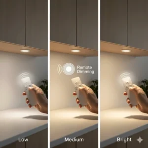 A hand using a remote control to adjust the brightness of LED puck lights under a cabinet.