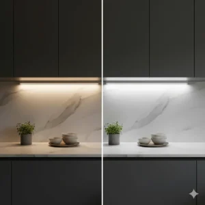 Comparison of dimmed vs bright LED strip lights under cabinet showing adjustable brightness levels.
