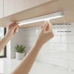 Illustration of a hand snapping a wireless LED light onto a magnetic strip under a cabinet.