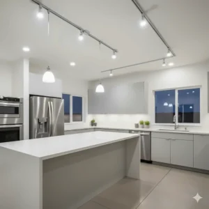 Bright LED track lighting fixtures providing cool white illumination in a contemporary kitchen.