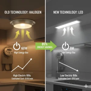 An infographic showing the energy savings of switching to LED under cabinet lighting compared to halogen bulbs.