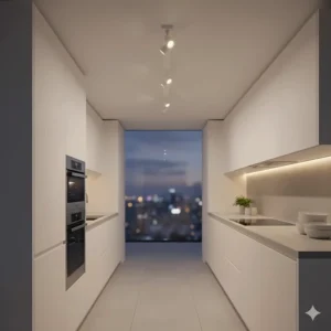 Straight-line track lighting installation illuminating a narrow galley kitchen layout effectively.