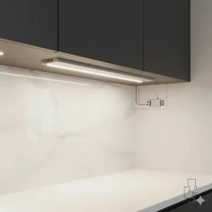 Illustration of a professional hardwired setup for LED strip lights under cabinet without visible wires.