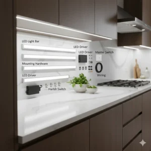A complete kit for hardwired under cabinet LED lighting including light bars, mounting hardware, and drivers.