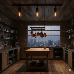 Industrial style matte black track lighting with exposed Edison bulbs in a rustic kitchen setting.