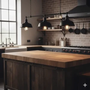 Matte black industrial pendant lights with Edison bulbs installed over a rustic kitchen island.