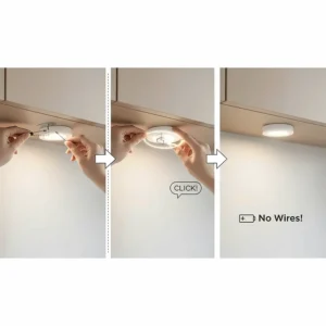 Step-by-step diagram showing how to mount wireless LED puck lights under a kitchen cabinet.