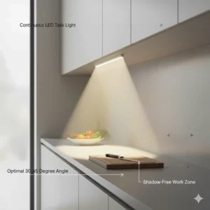 A technical diagram showing the ideal placement of task lighting for kitchen counters to avoid shadows.