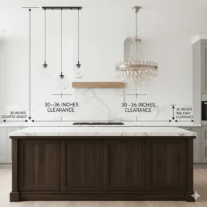 A technical diagram showing the recommended 30 to 36 inches of clearance for pendants and chandeliers above an island.