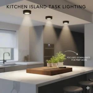 Close-up illustration of recessed lighting focused over a kitchen island for task-oriented visibility.