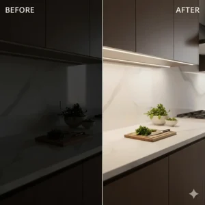 Before and after comparison of a dark kitchen updated with hardwired under cabinet LED lighting.