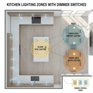 Illustration showing how to divide a kitchen recessed lighting layout into separate dimmable zones.