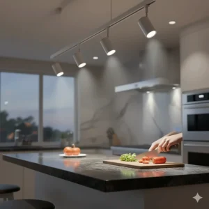 Close-up of adjustable track lighting heads directed toward a kitchen countertop for food preparation.