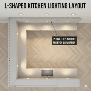 Overhead floor plan view of an L-shaped kitchen recessed lighting layout with perimeter placement.