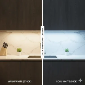 Comparison of warm versus cool hardwired under cabinet LED lighting tones in a kitchen setting.