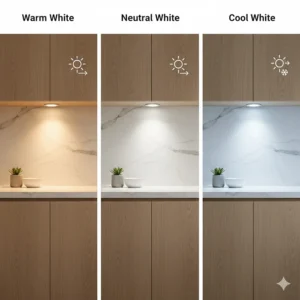 Illustration showing the difference between warm, neutral, and cool LED puck lights under cabinets.