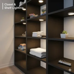 Versatile LED puck lights used for under cabinet shelving in a dark pantry or utility closet.