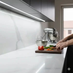 Bright cool white LED strip lights under cabinet illuminating a food preparation area.