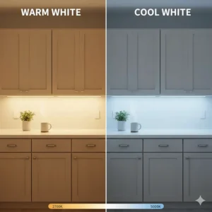 Illustration showing the difference between warm white and cool white LED under cabinet lighting in a kitchen.