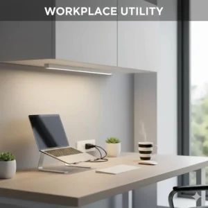 Illustration of a home office desk setup using LED under cabinet lighting for task-oriented desk illumination.