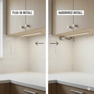 Diagram comparing plug-in and hardwired LED under cabinet lighting options for DIY or professional install.