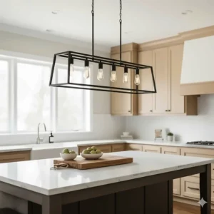 A long black linear chandelier centered over a rectangular kitchen island for even light distribution.