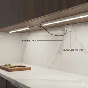 Illustration showing how to link multiple hardwired under cabinet LED lighting fixtures for a continuous run.