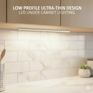 Close-up illustration of ultra-thin LED under cabinet lighting hidden behind a cabinet lip for a seamless look.