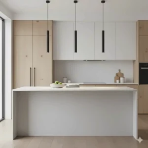 Ultra-thin LED cylinder pendants providing task lighting for a minimalist kitchen island setup.