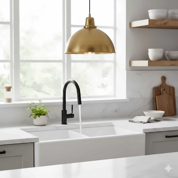 A modern brass pendant light hanging over a white farmhouse kitchen sink with a black faucet.