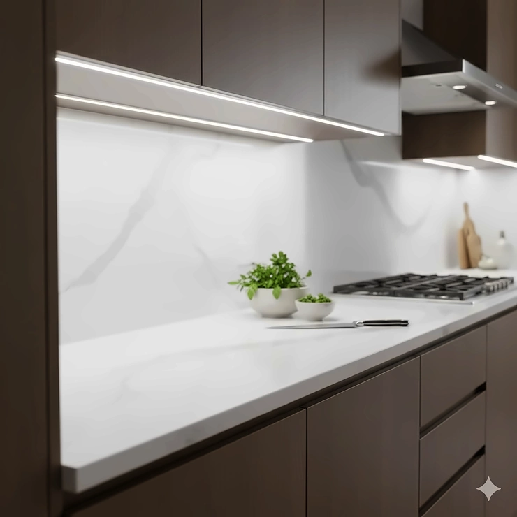 A modern kitchen featuring seamless hardwired under cabinet LED lighting illuminating a marble countertop.