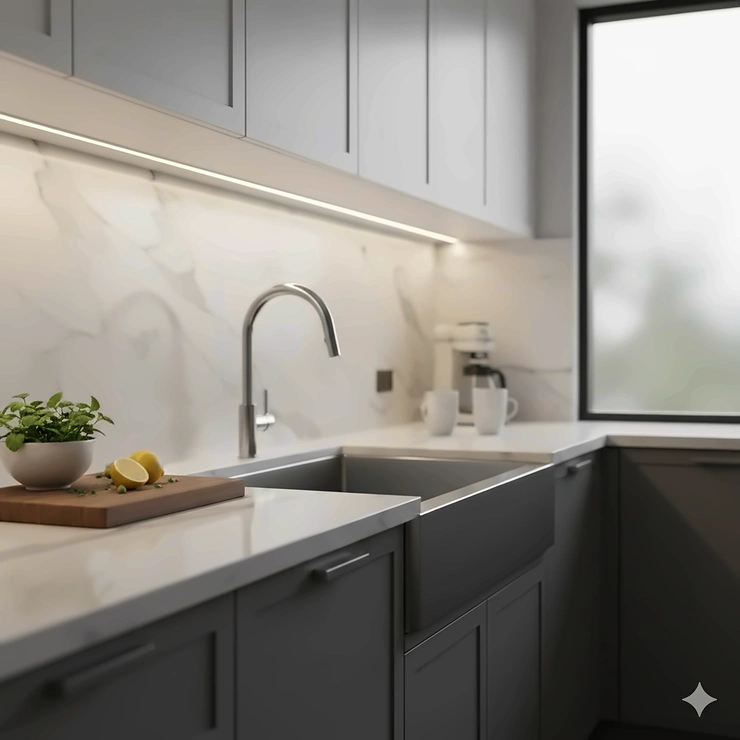 Warm white LED strip lights under cabinet in a modern kitchen with marble countertops.