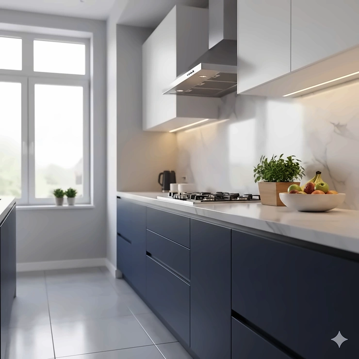 A modern kitchen featuring warm LED under cabinet lighting illuminating a white marble countertop and backsplash.