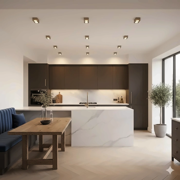 A modern open-concept kitchen featuring a strategic recessed lighting layout with LED cans over the island and workspaces. recessed lighting layout kitchen