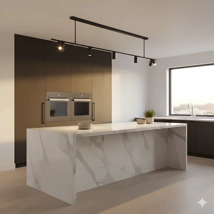 Modern black track lighting installed over a white marble kitchen island in a bright, open-concept home. track lighting for kitchen
