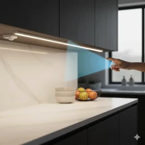 Motion sensor activated LED strip lights under cabinet providing hands-free kitchen illumination.