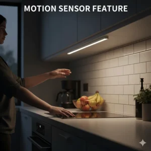 Illustration of hands-free motion sensor LED under cabinet lighting activating in a dark kitchen.