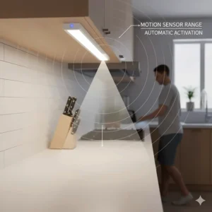 A diagram showing the motion sensor range of a wireless under cabinet LED light bar.