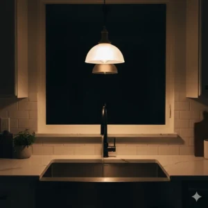 The warm ambient glow of a pendant light over a kitchen sink during evening hours.