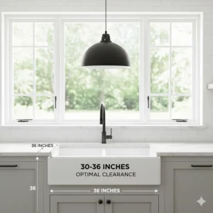 Diagram showing the ideal hanging height for a pendant light over a kitchen sink for optimal clearance.