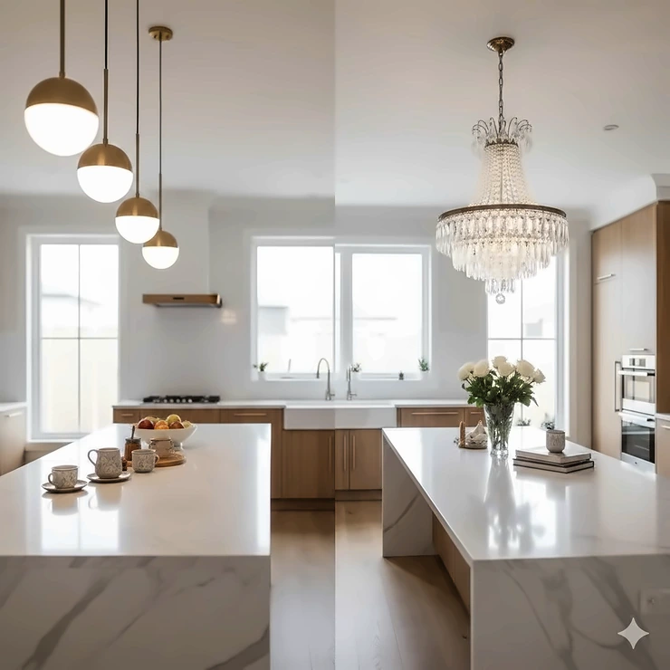 A modern kitchen featuring a side-by-side comparison of sleek pendant lights and an elegant chandelier over a large marble island. pendant vs chandelier kitchen island