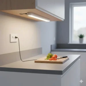 An easy-to-install plug-in LED bar providing bright task lighting over a kitchen countertop workspace.