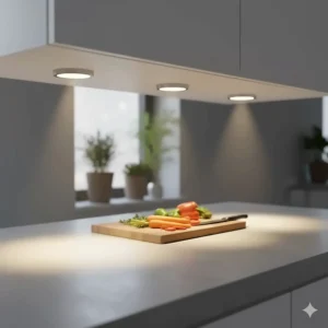 Round puck lights installed under shelving to create focused task lighting for food preparation areas.