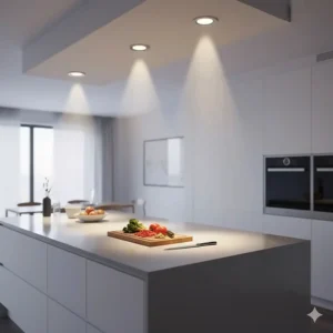 Illustration of recessed ceiling lights positioned to act as effective task lighting for a kitchen island counter.