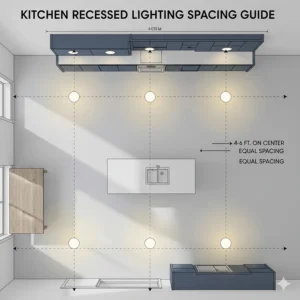 A technical diagram showing the 4-to-6-foot spacing rule for a recessed lighting layout in a kitchen.