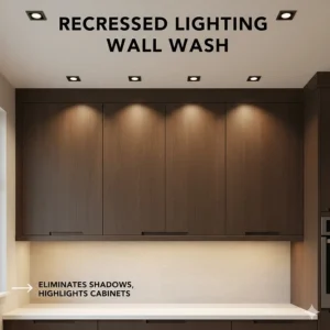 Illustration of wall wash recessed lighting placed near upper kitchen cabinets to eliminate shadows.