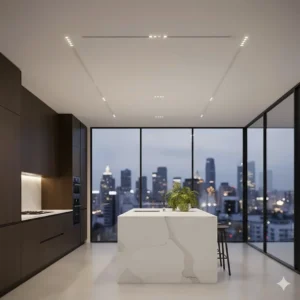 Sleek recessed track lighting integrated into a kitchen ceiling for a clean, seamless look.