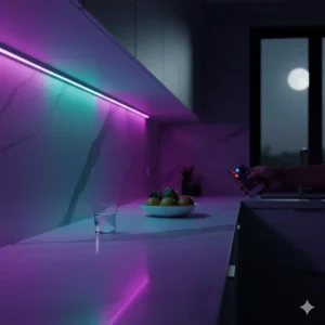 Color-changing RGB LED strip lights under cabinet providing ambient mood lighting in a kitchen.