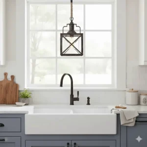 Rustic metal lantern-style pendant light hanging over a large apron-front kitchen sink.