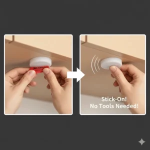 Close-up illustration of the 3M adhesive backing on a stick-on LED puck light for tool-free installation.